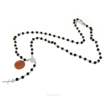 RMB|Collana Rosario uomo Argento 925 Con cristallo nero tondo 4mm croce madonna miracolosa 60+5