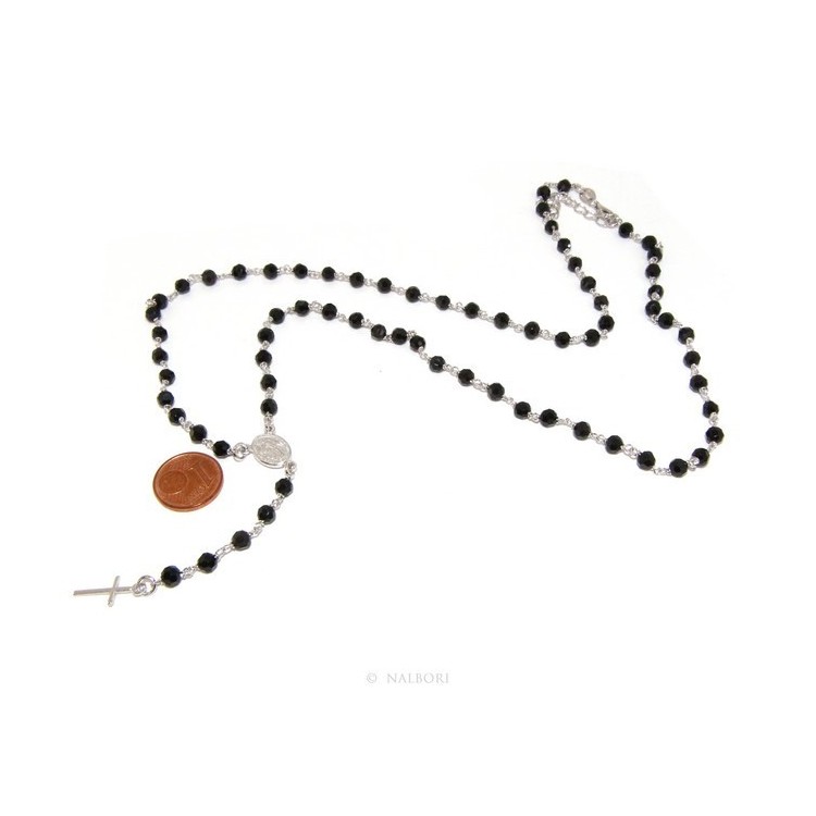 RMB|Collana Rosario uomo Argento 925 Con cristallo nero tondo 4mm croce madonna miracolosa 60+5
