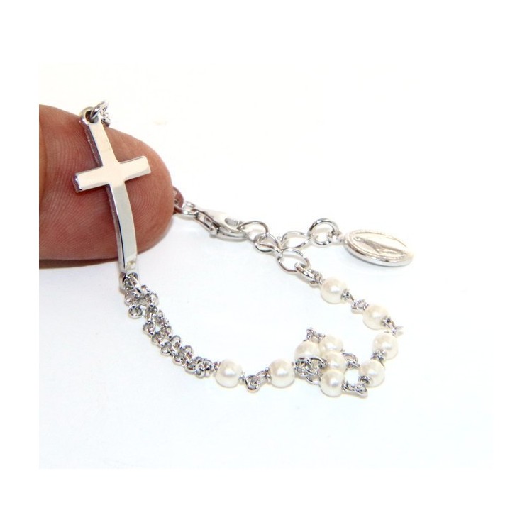 RMB|Bracciale rosario donna in Argento 925 madonna miracolosa , croce convessa e perline 15,00 - 17,50 cm