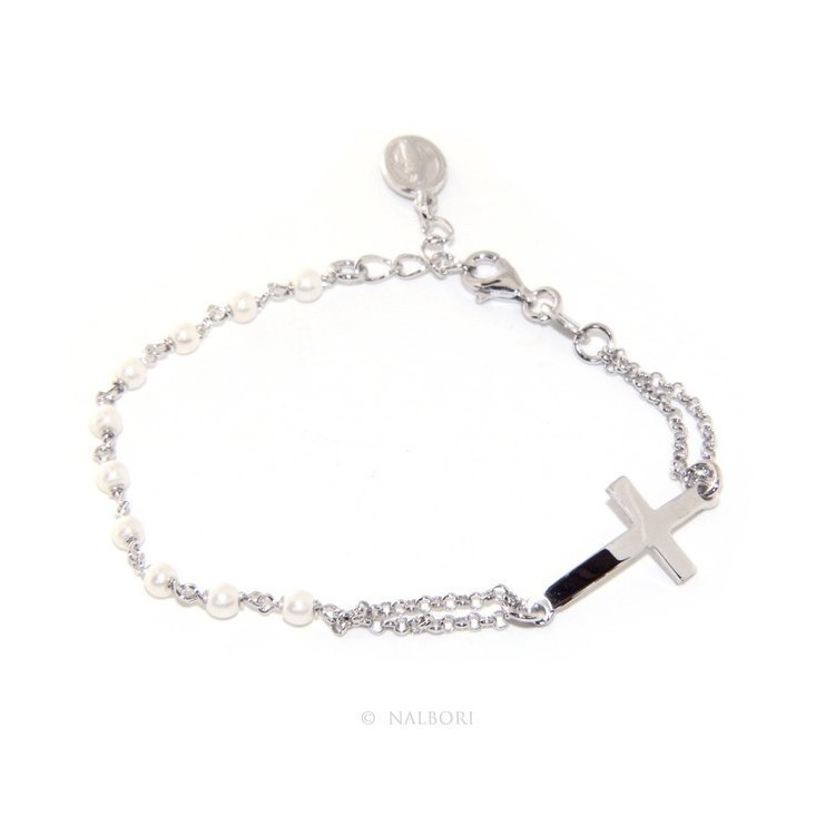 RMB|925 silver rosary bracelet Miraculous Madonna, Convex Cross and Beads 15.00 - 17.50 cm