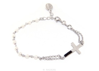 RMB|Bracciale rosario donna in Argento 925 madonna miracolosa , croce convessa e perline 15,00 - 17,50 cm