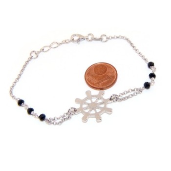RMB|Bracciale uomo donna ragazzo Argento 925 lavorazione a rosario cristallo nero con timone centrale 16,50 - 18,50