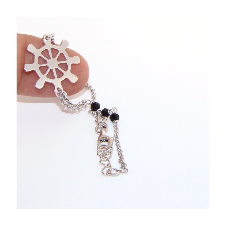 RMB|Bracciale uomo donna ragazzo Argento 925 lavorazione a rosario cristallo nero con timone centrale 16,50 - 18,50