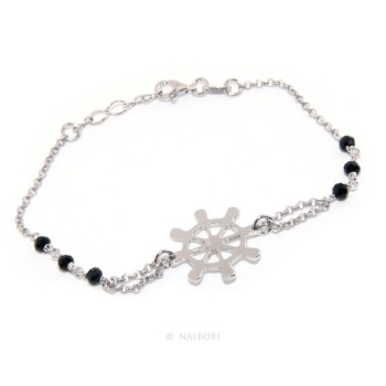 RMB|Bracciale uomo donna ragazzo Argento 925 lavorazione a rosario cristallo nero con timone centrale 16,50 - 18,50