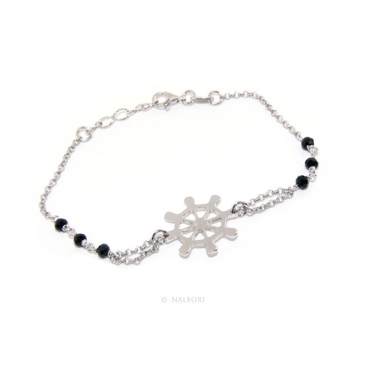 RMB|Bracciale uomo donna ragazzo Argento 925 lavorazione a rosario cristallo nero con timone centrale 16,50 - 18,50