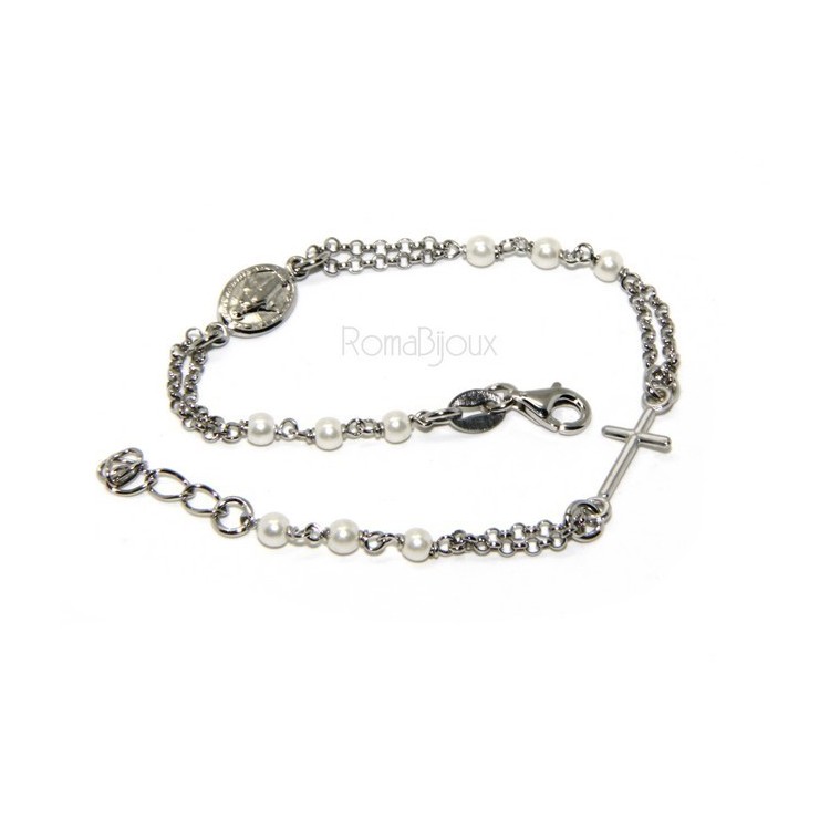 RMB|Bracciale rosario uomo donna in Argento 925 madonna miracolosa , croce e perline bianche 16,50 19,50