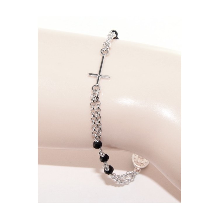RMB|925 Silver Woman Woman Rosary Bracelet with Miraculous Madonna, Cross and Black Crystal 17.50 - 20.00