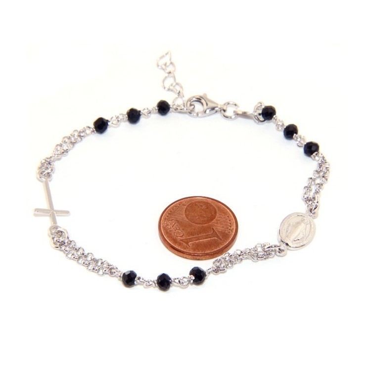 RMB|925 Silver Woman Woman Rosary Bracelet with Miraculous Madonna, Cross and Black Crystal 17.50 - 20.00