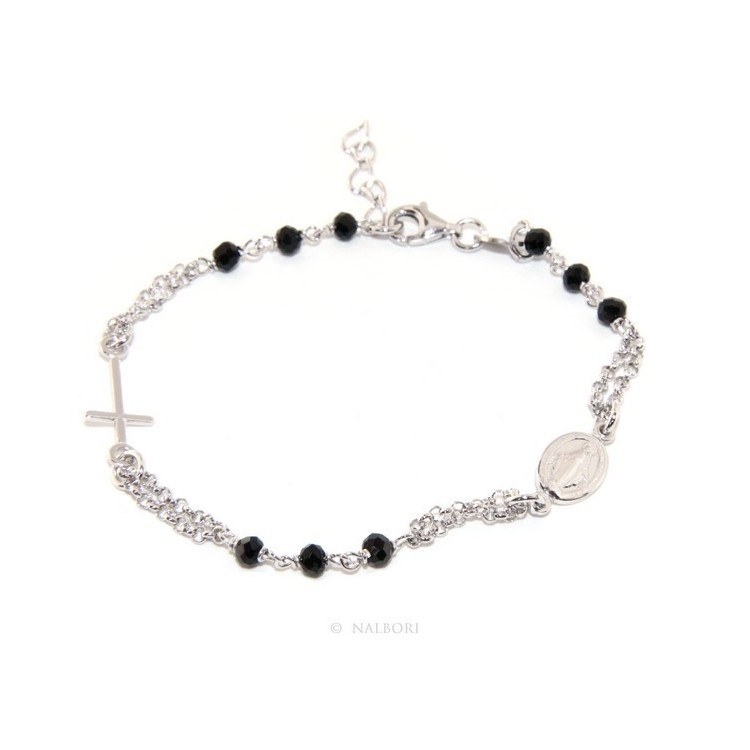 RMB|Bracciale rosario uomo donna in Argento 925 con madonna miracolosa , croce e cristallo nero 17,50 - 20,00
