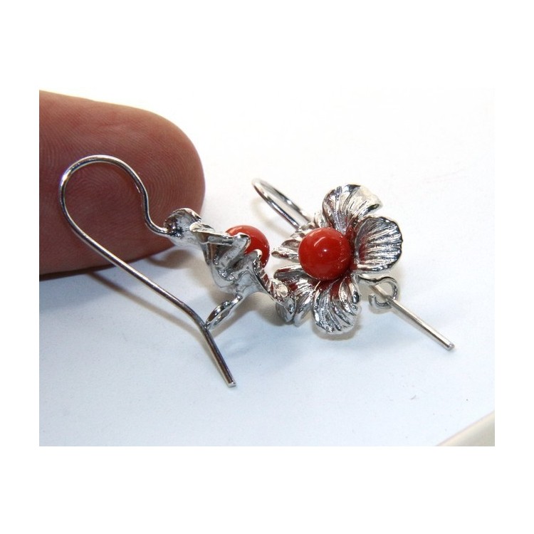 RMB|Silver 925 Sterling Pearl Ball Calibrating Natural Red Coral and Flower