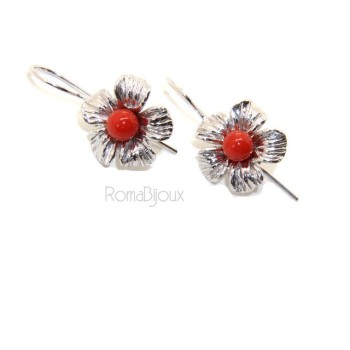 RMB|Silver 925 Sterling Pearl Ball Calibrating Natural Red Coral and Flower