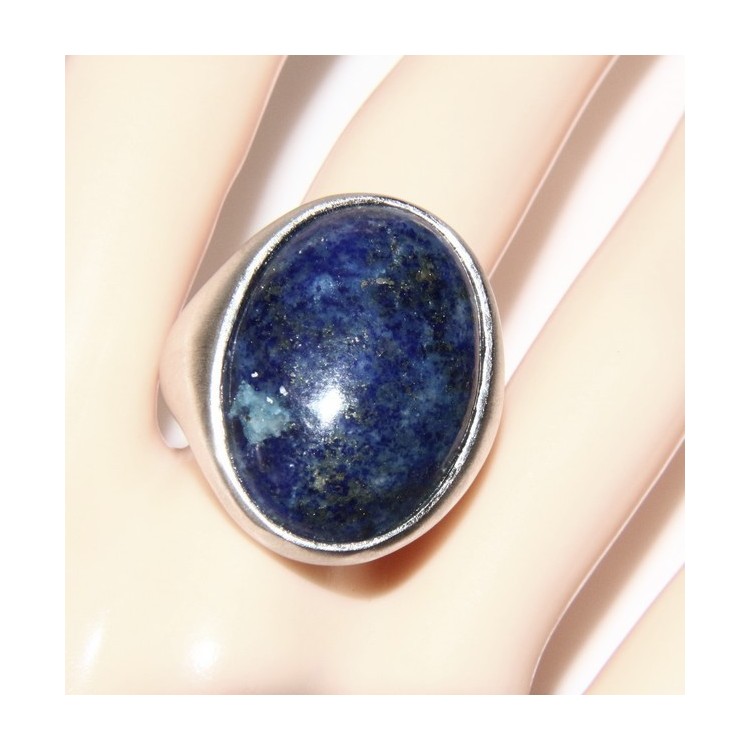 RMB|Argento 925 Massiccio satinato : Anello donna ovale con grande lapis blu notte naturale misura 16