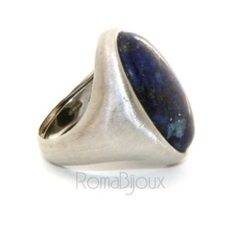 RMB|Argento 925 Massiccio satinato : Anello donna ovale con grande lapis blu notte naturale misura 16
