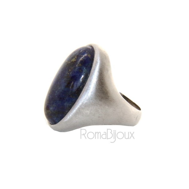 RMB|Argento 925 Massiccio satinato : Anello donna ovale con grande lapis blu notte naturale misura 16