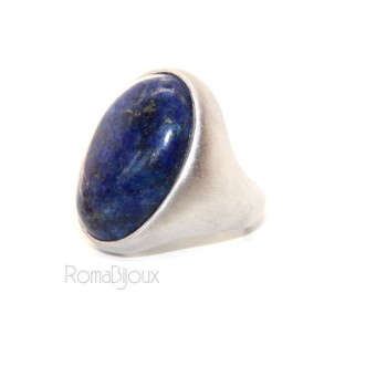 RMB|Argento 925 Massiccio satinato : Anello donna ovale con grande lapis blu notte naturale misura 16