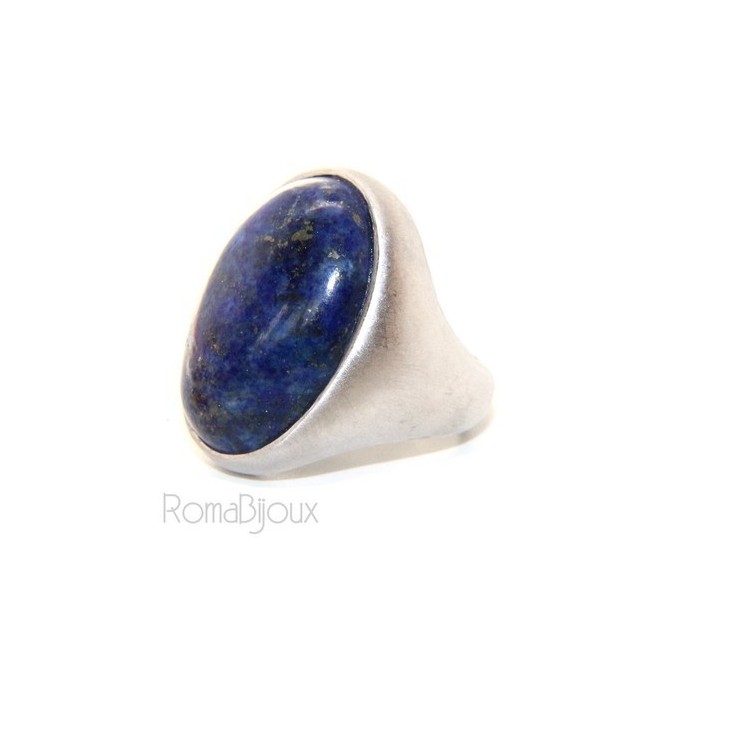 RMB|Argento 925 Massiccio satinato : Anello donna ovale con grande lapis blu notte naturale misura 16