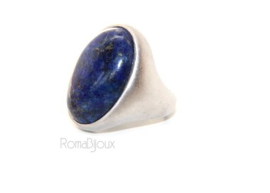 RMB|Argento 925 Massiccio satinato : Anello donna ovale con grande lapis blu notte naturale misura 16