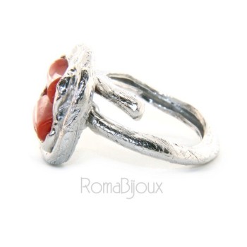 RMB|Silver 925: Women's adjustable hand ring made of natural intense red coral barrels