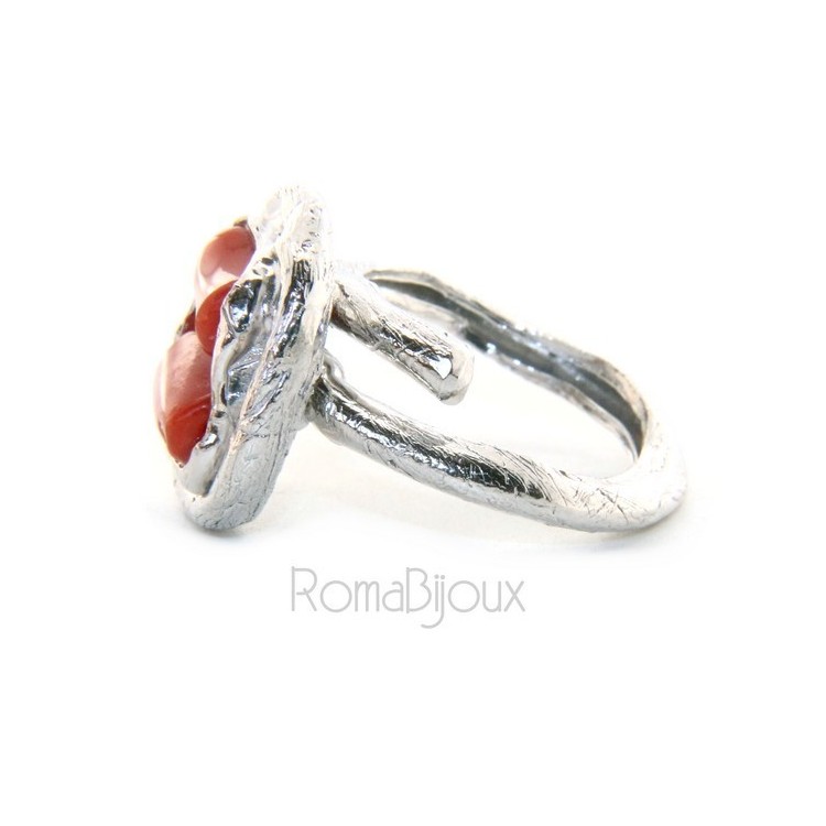 RMB|Silver 925: Women's adjustable hand ring made of natural intense red coral barrels
