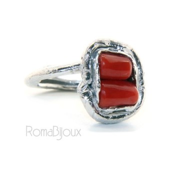 RMB|Argento 925 : Anello donna regolabile realizzato a mano barilotti corallo rosso intenso naturale