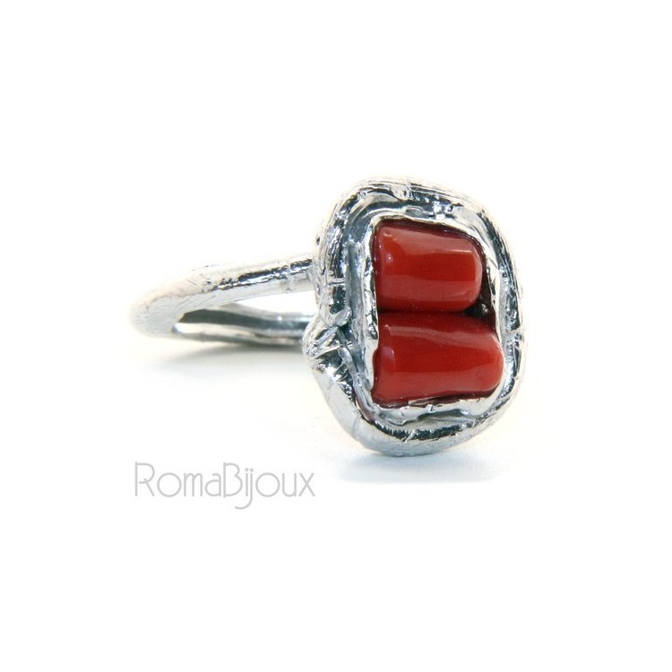 RMB|Silver 925: Women's adjustable hand ring made of natural intense red coral barrels
