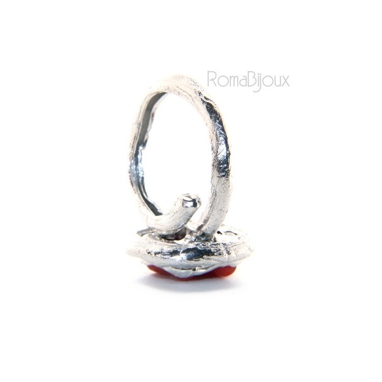 RMB|Silver 925: Women's adjustable hand ring made of natural intense red coral barrels