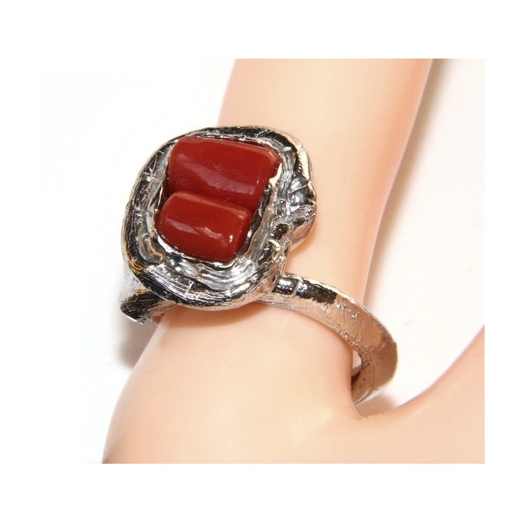 RMB|Argento 925 : Anello donna regolabile realizzato a mano barilotti corallo rosso intenso naturale