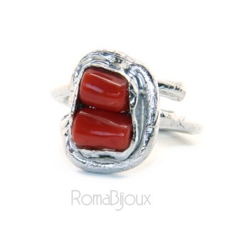 RMB|Argento 925 : Anello donna regolabile realizzato a mano barilotti corallo rosso intenso naturale