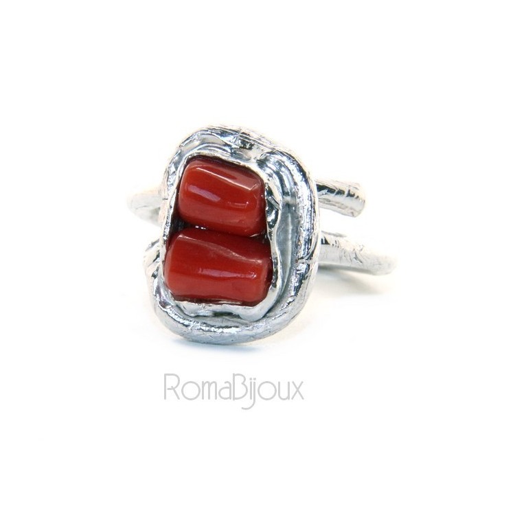 RMB|Argento 925 : Anello donna regolabile realizzato a mano barilotti corallo rosso intenso naturale