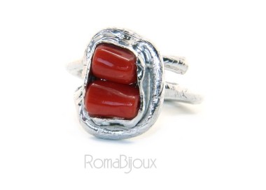 RMB|Silver 925: Women's adjustable hand ring made of natural intense red coral barrels