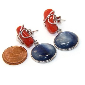 RMB|Orecchini in Argento 925 con corallo verace rosso naturale e disco di cianite blu.