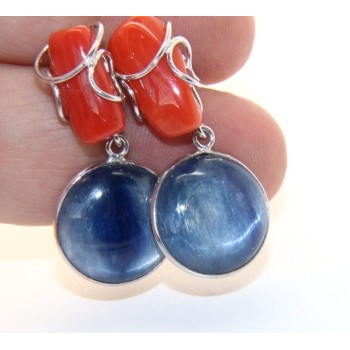 RMB|Orecchini in Argento 925 con corallo verace rosso naturale e disco di cianite blu.