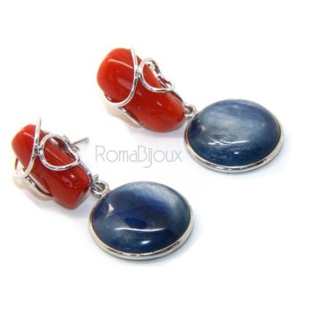 RMB|Orecchini in Argento 925 con corallo verace rosso naturale e disco di cianite blu.