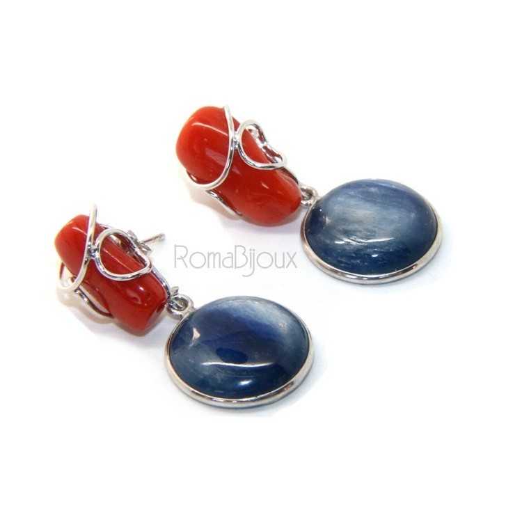 RMB|Orecchini in Argento 925 con corallo verace rosso naturale e disco di cianite blu.