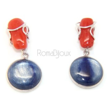 RMB|925 Sterling silver earrings with natural red coral and blue cyanite disc.
