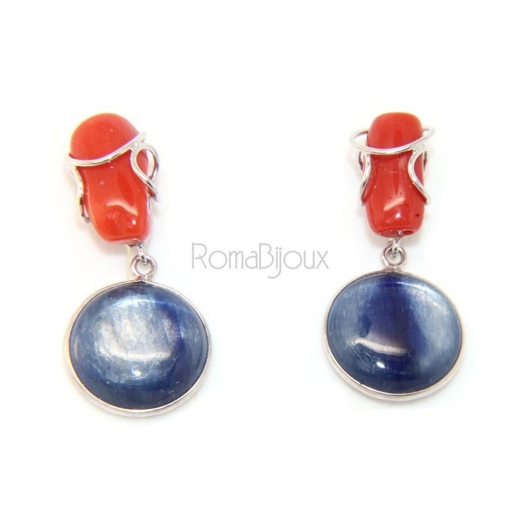 RMB|Orecchini in Argento 925 con corallo verace rosso naturale e disco di cianite blu.