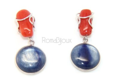 RMB|Orecchini in Argento 925 con corallo verace rosso naturale e disco di cianite blu.