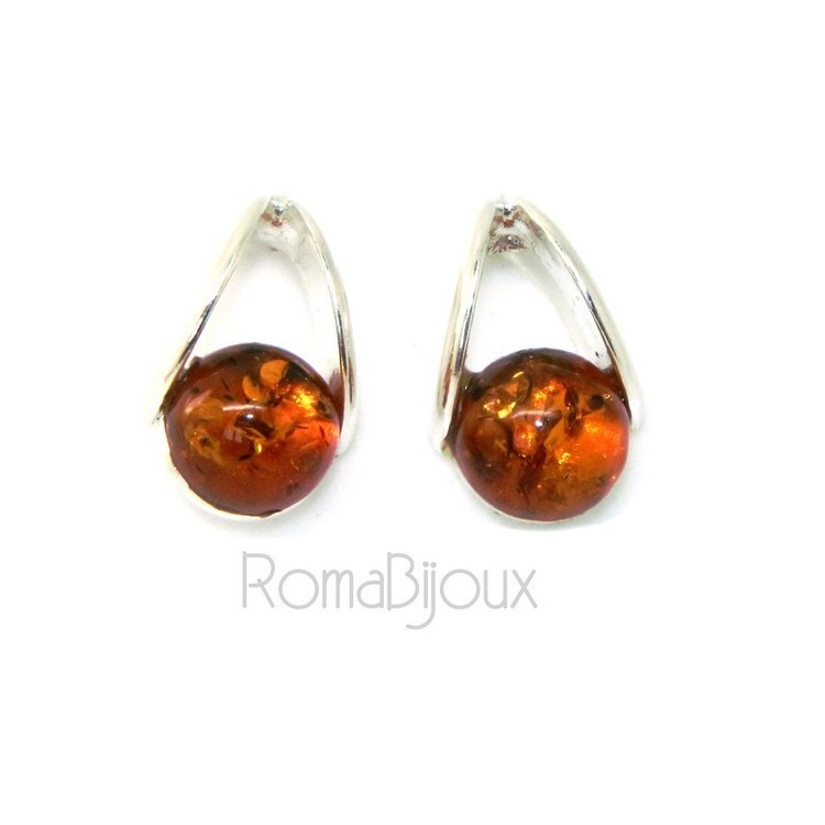 RMB|Earrings in 925 Sterling Silver with half pearl carbochon of amber colored cognac