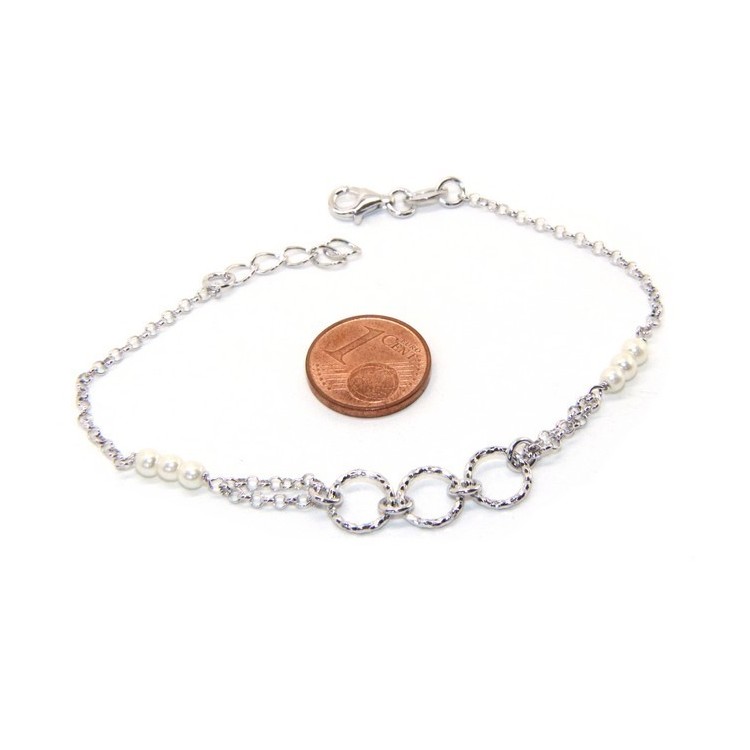 RMB|Bracciale uomo donna ragazzo Argento 925 lavorazione a rosario perle bianco con cerchi diamantati 16,50-19,50 cm