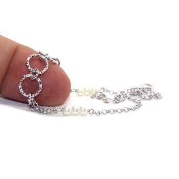 RMB|Bracciale uomo donna ragazzo Argento 925 lavorazione a rosario perle bianco con cerchi diamantati 16,50-19,50 cm