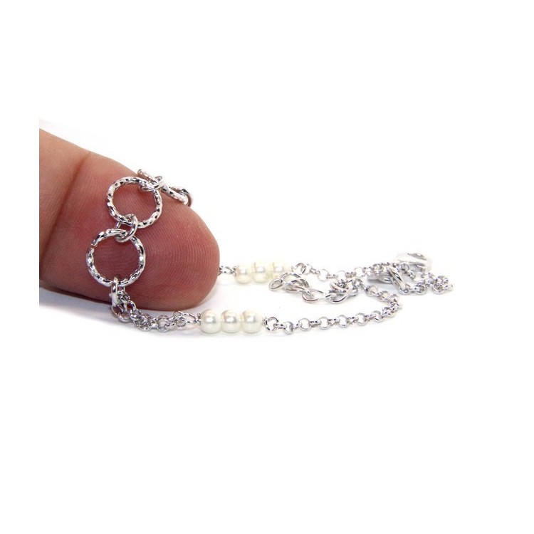 RMB|Bracciale uomo donna ragazzo Argento 925 lavorazione a rosario perle bianco con cerchi diamantati 16,50-19,50 cm