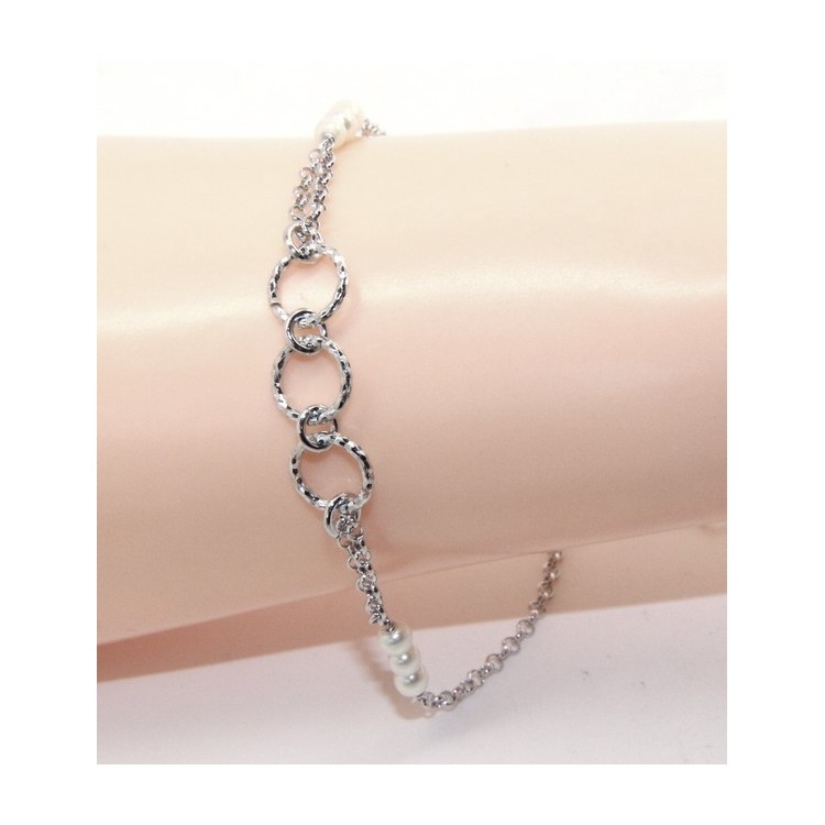 RMB|Bracciale uomo donna ragazzo Argento 925 lavorazione a rosario perle bianco con cerchi diamantati 16,50-19,50 cm
