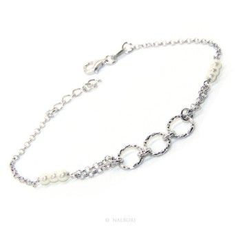 RMB|Men's Bracelet Men's Boy Silver 925 Rosary Handmade White Pearls With Diamond Circles 16.50-19.50 cm