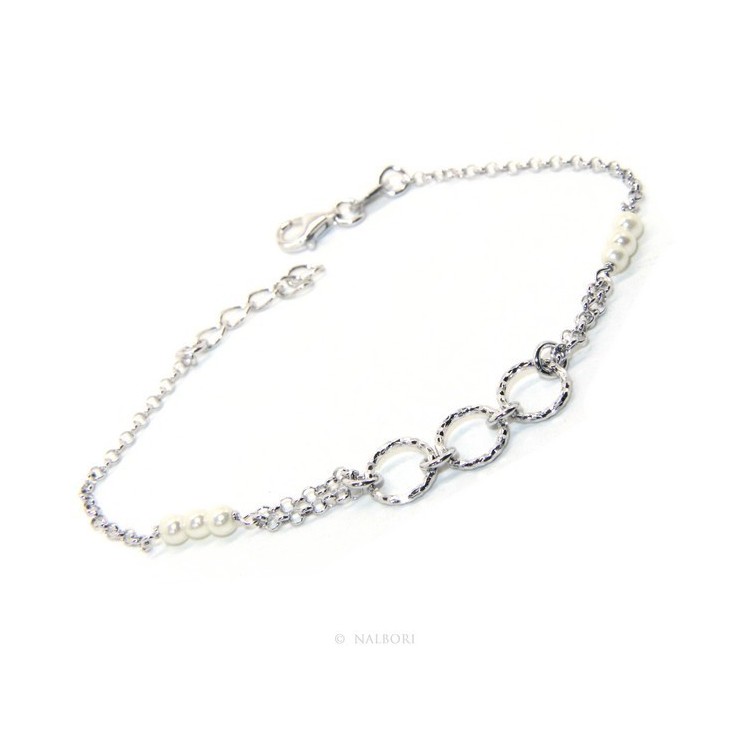 RMB|Bracciale uomo donna ragazzo Argento 925 lavorazione a rosario perle bianco con cerchi diamantati 16,50-19,50 cm