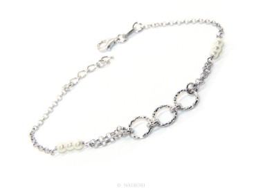 RMB|Bracciale uomo donna ragazzo Argento 925 lavorazione a rosario perle bianco con cerchi diamantati 16,50-19,50 cm