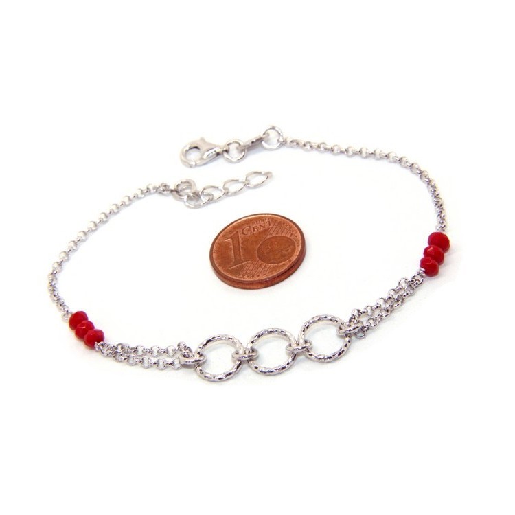 RMB|Bracciale uomo donna ragazzo Argento 925 lavorazione a rosario cristallo rosso con cerchi diamantati 16,50-19,50 cm