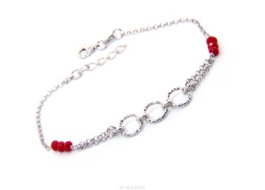 RMB|Bracciale uomo donna ragazzo Argento 925 lavorazione a rosario cristallo rosso con cerchi diamantati 16,50-19,50 cm