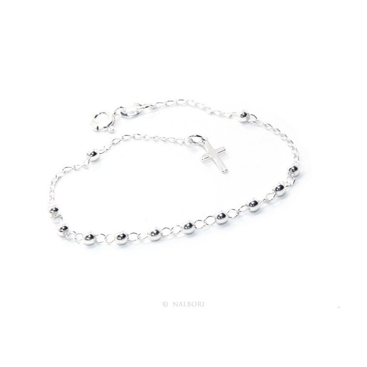 RMB|Bracciale uomo donna ragazzo Argento 925 rosario palline 3 mm semplice croce latina cm 17,00