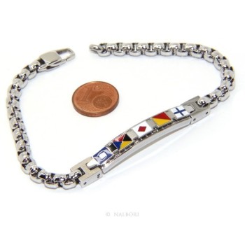 RMB|NALBORI Bracciale uomo acciaio cromato anallergico bullonato targa con bandiere smaltate 19,50 cm