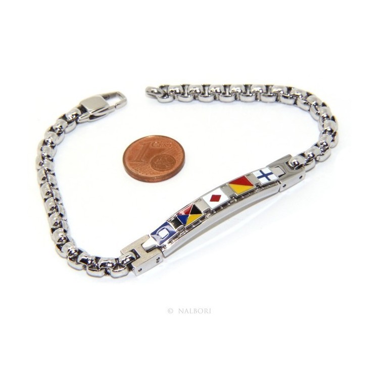 RMB|NALBORI Bracciale uomo acciaio cromato anallergico bullonato targa con bandiere smaltate 19,50 cm